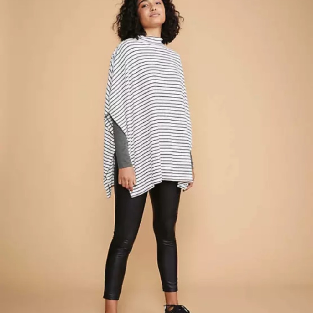 NEW Lou & Grey Ivory black striped poncho sz XS/S mock neck short sleeve